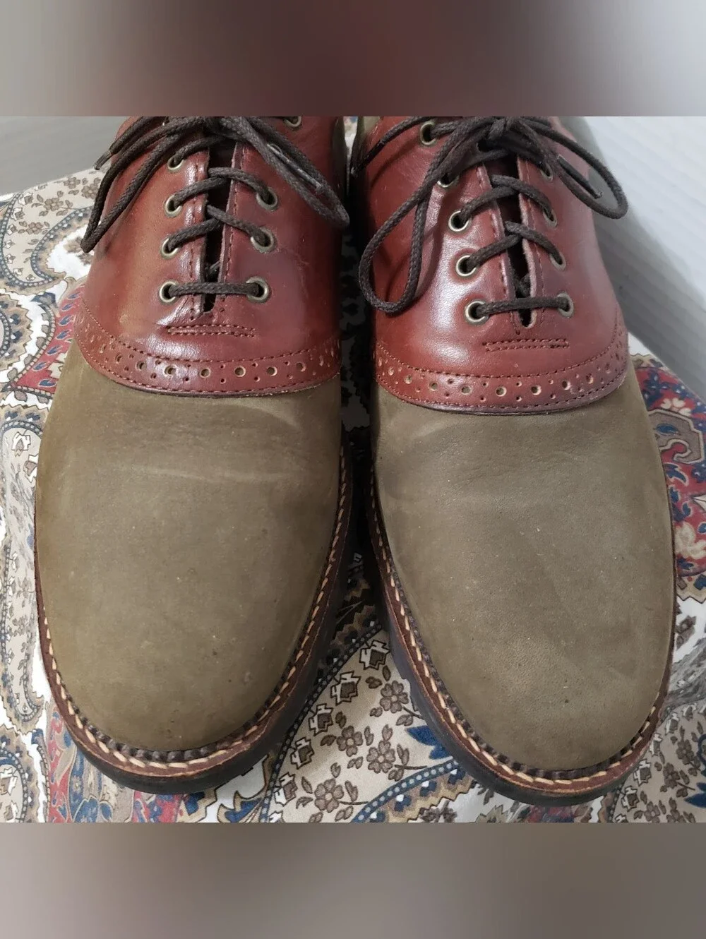 H.S.Trask Mens Loden Green Nubuck Brown Leather Saddle Oxford Shoes 11M